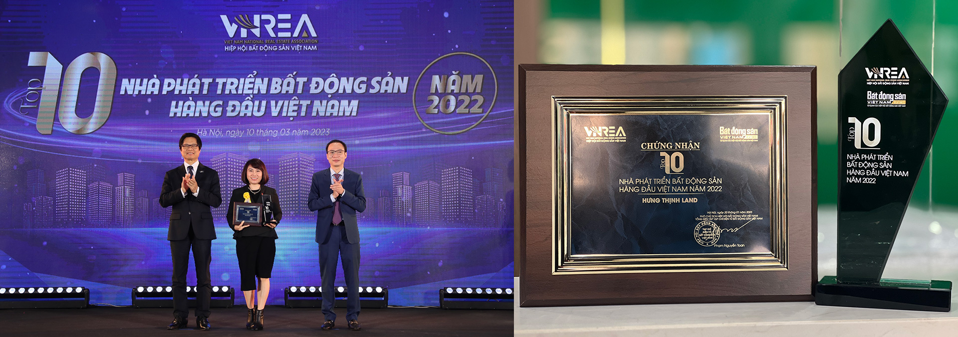 Hưng Thịnh Land nhận cúp và chứng nhận giải thưởng Top 10 Nhà phát triển bất động sản hàng đầu Việt Nam năm 2022